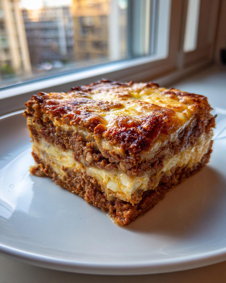 A thick, square slice of layered meatloaf casserole with a browned, cheesy top, served on a white plate.