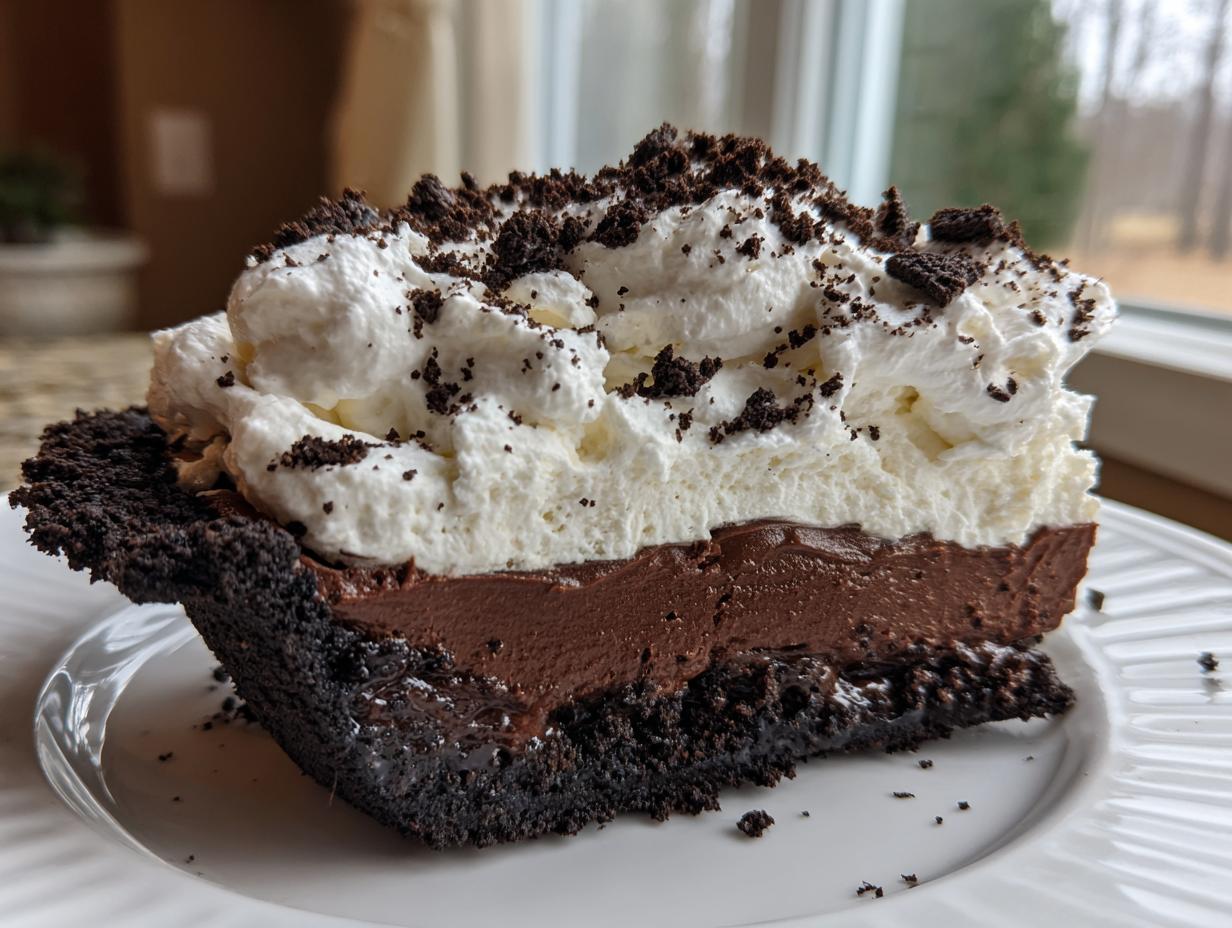 A generous slice of rich Oreo pie showing a dark crust, chocolate filling, and whipped cream topping with cookie crumbles.
