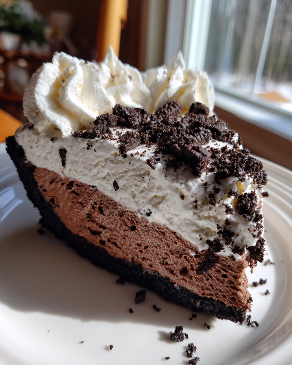 A decadent slice of Oreo pie featuring a dark crust, chocolate mousse layer, white cream layer, and crushed Oreo topping.