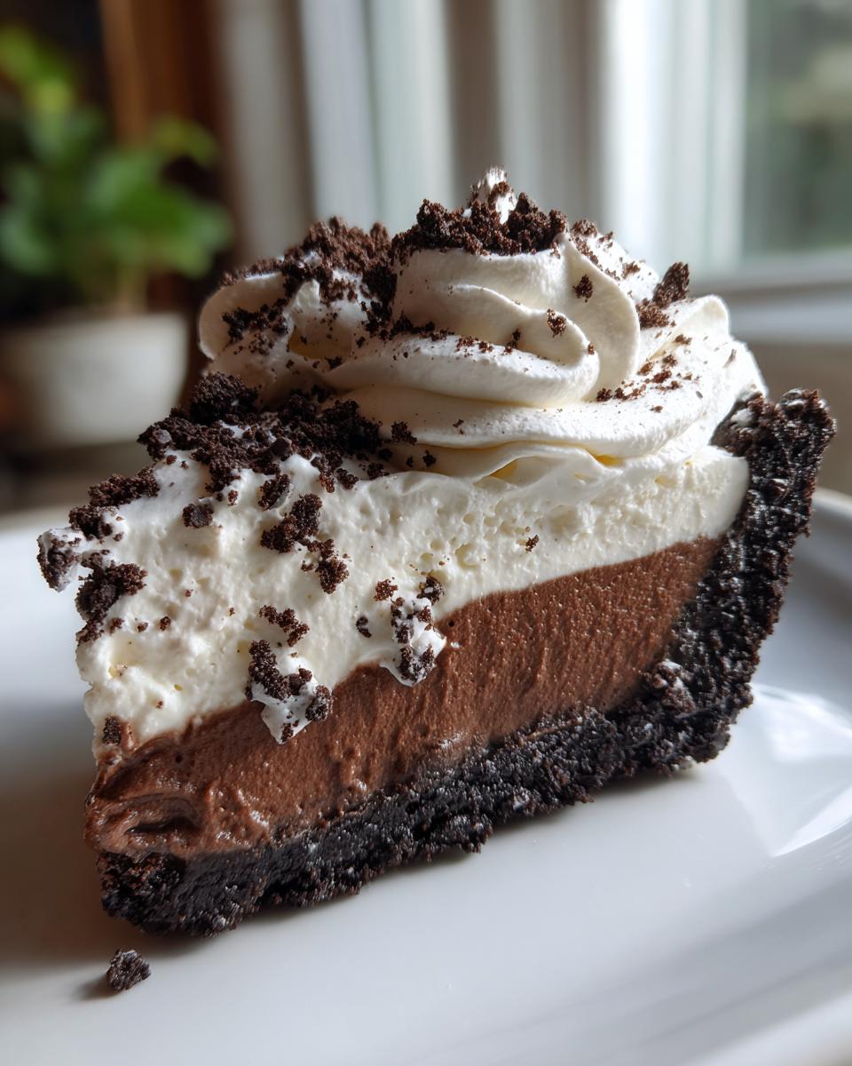 A close-up slice of rich Oreo pie featuring a dark crust, chocolate filling, whipped cream, and cookie crumbles.