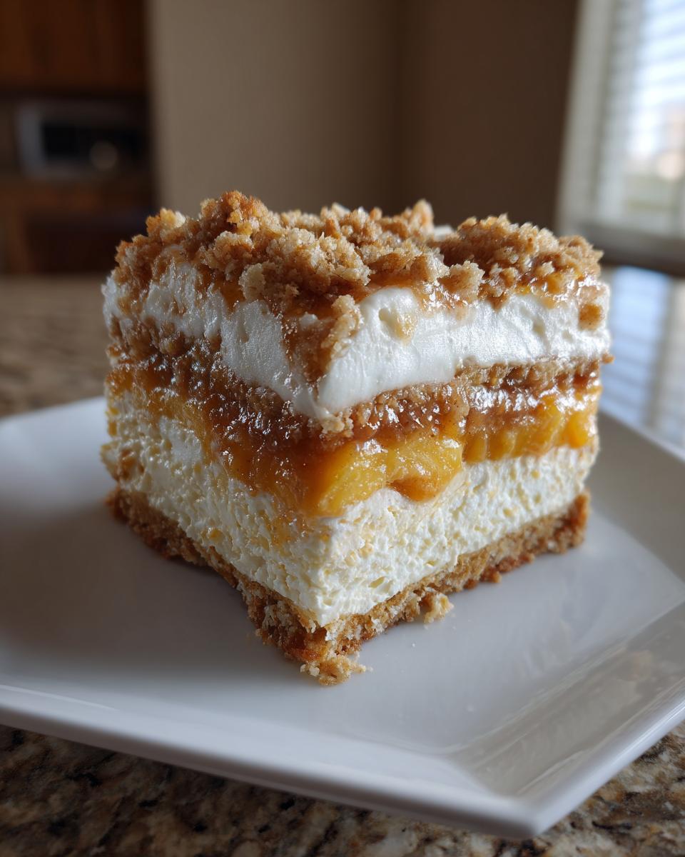 A perfect square slice of peach cobbler cheesecake featuring a graham cracker crust, creamy filling, peach topping, and crumble.