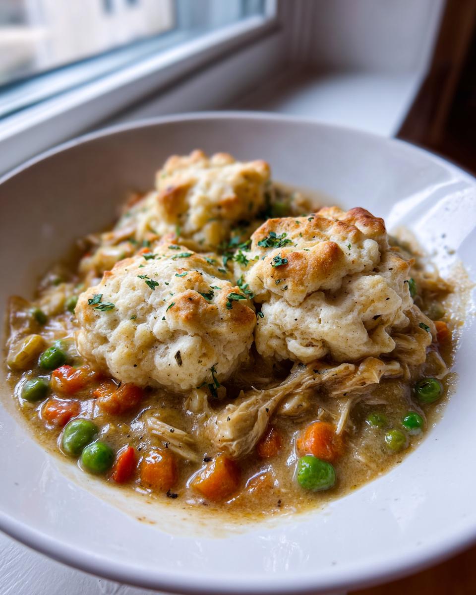 A close-up of a bowl of creamy slow cooker chicken and dumplings topped with fluffy biscuits and parsley.