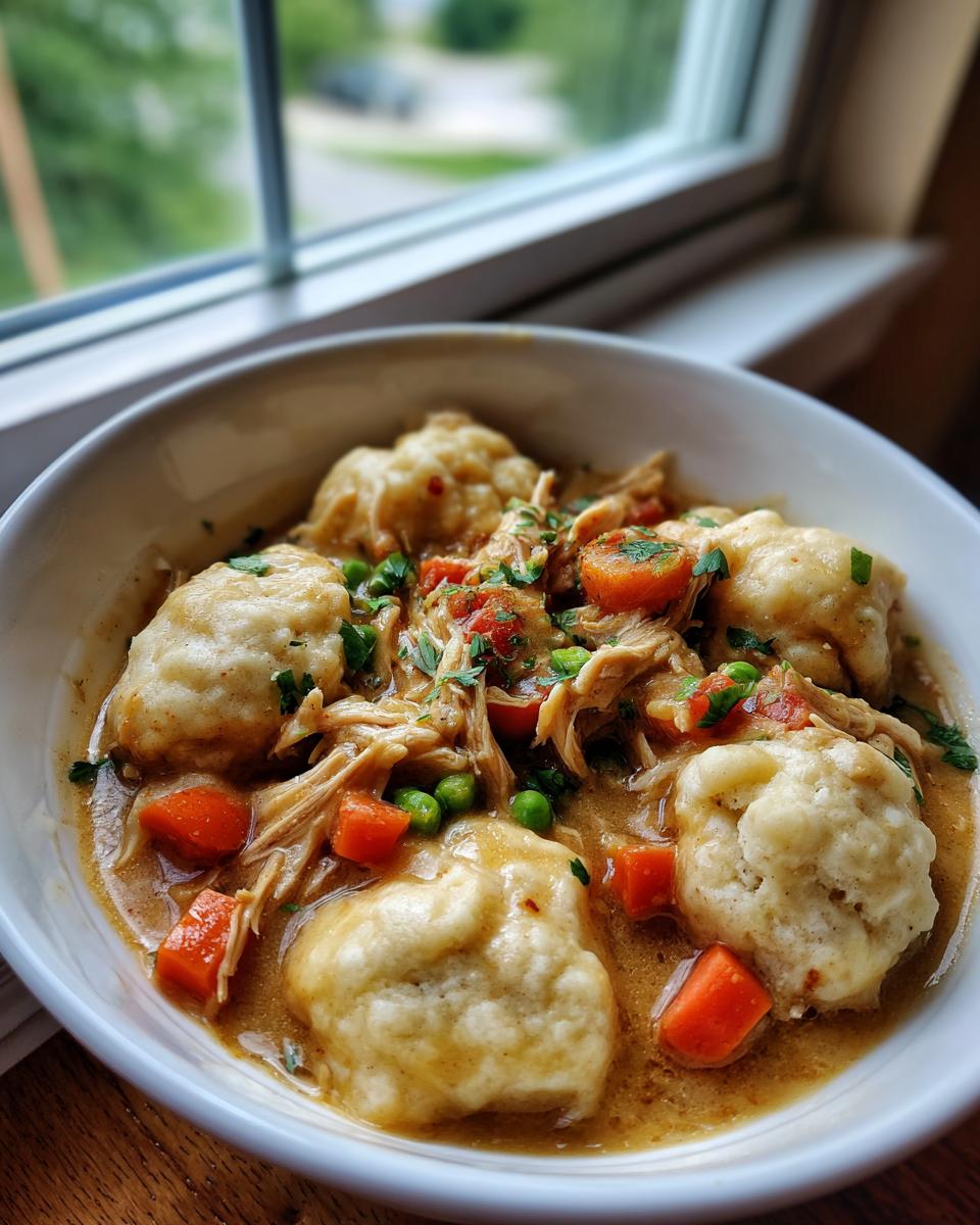 A close-up of a white bowl filled with rich, savory slow cooker chicken and dumplings, carrots, and peas.