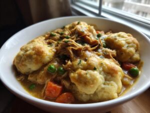 A close-up of a white bowl filled with rich, savory slow cooker chicken and dumplings, featuring shredded chicken, carrots, and peas.