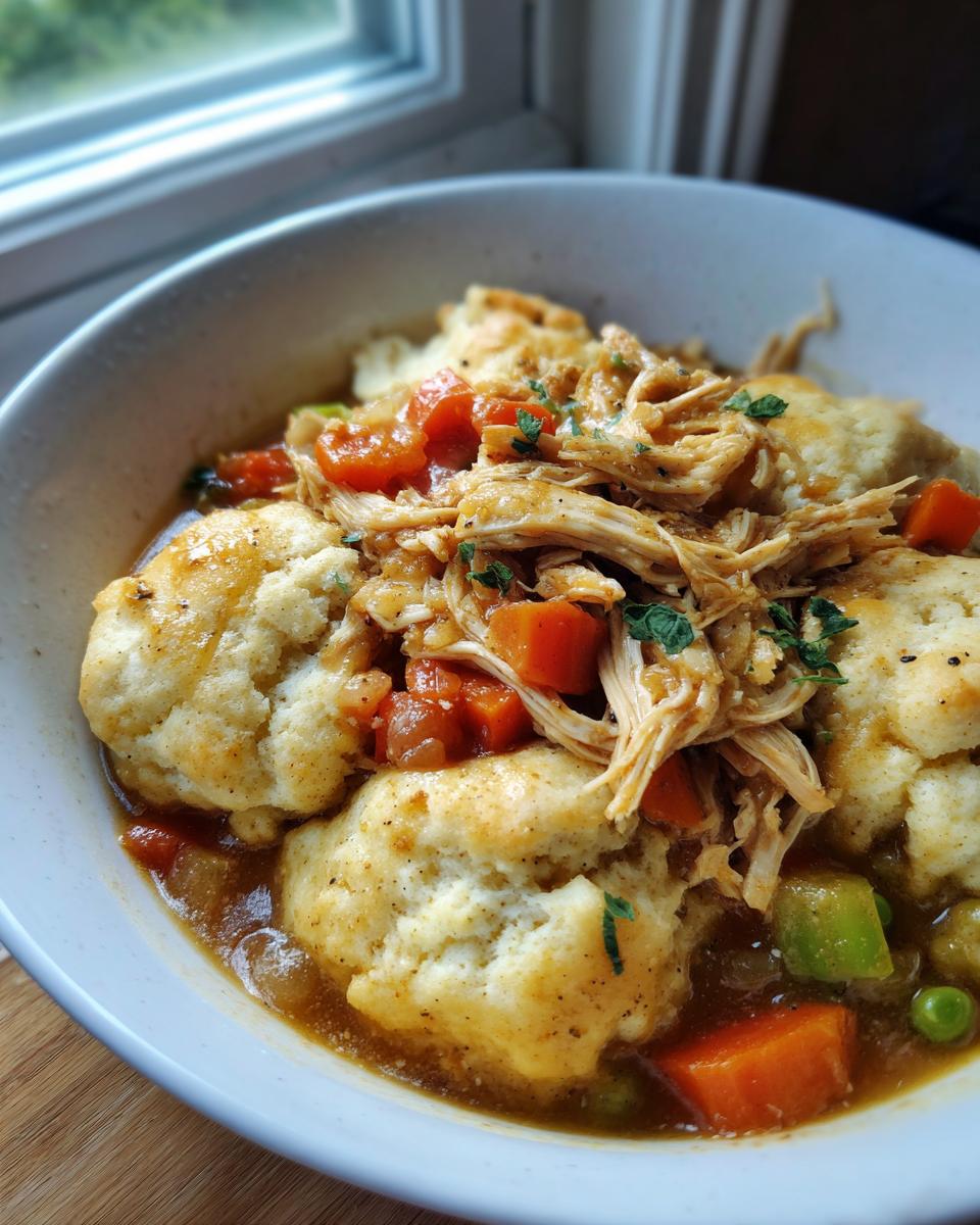 Close-up of a bowl of slow cooker chicken and dumplings topped with shredded chicken, carrots, and herbs.