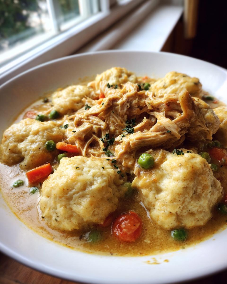 A close-up of a bowl of rich slow cooker chicken and dumplings with shredded chicken, carrots, and peas.