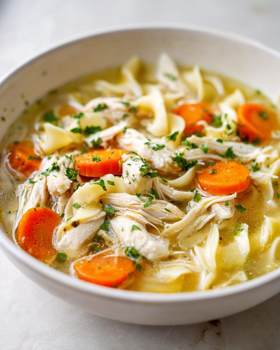 Close-up of a white bowl filled with rich broth, shredded chicken, egg noodles, and sliced carrots in slow cooker chicken noodle soup.