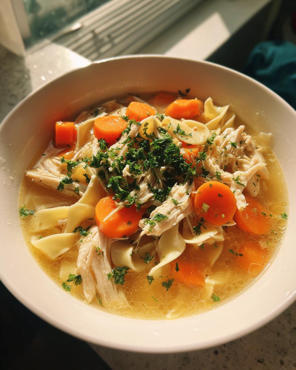 Close-up of a white bowl filled with slow cooker chicken noodle soup, featuring shredded chicken, egg noodles, carrots, and parsley.