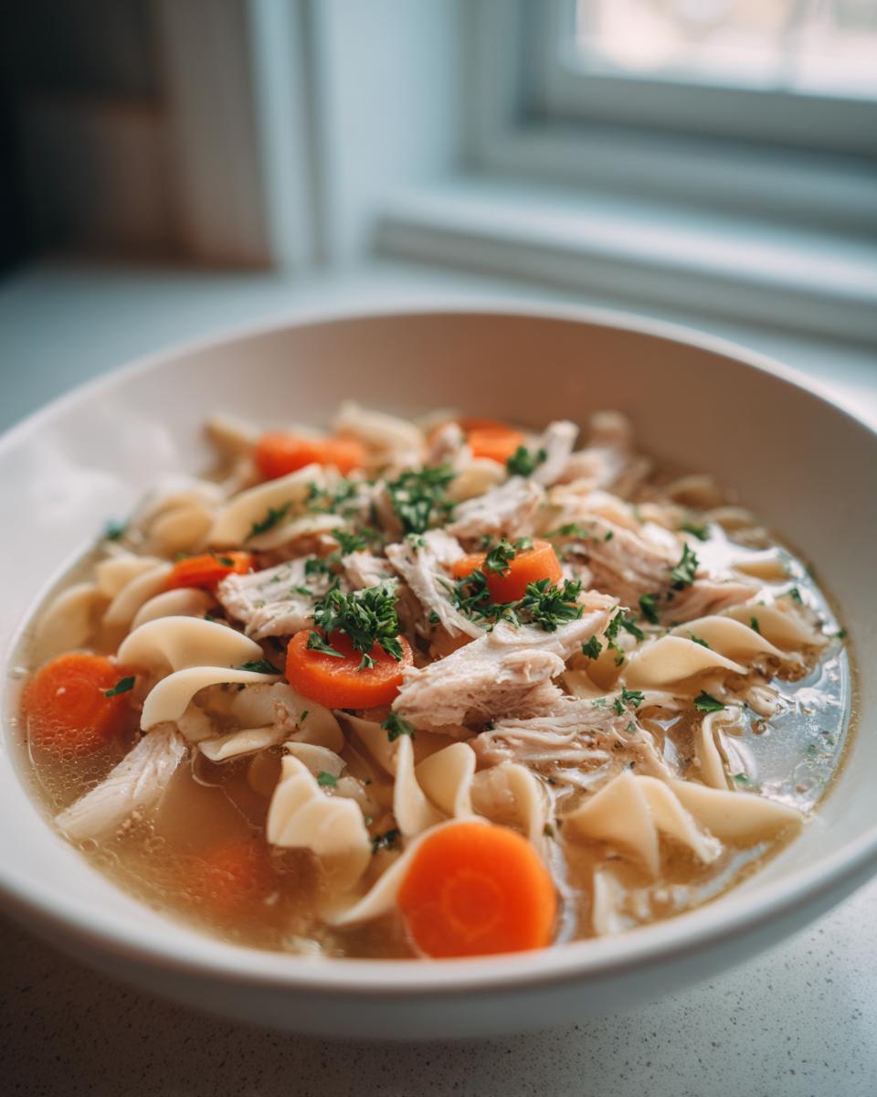 Close-up of a white bowl filled with slow cooker chicken noodle soup, featuring shredded chicken, egg noodles, and bright orange carrots.