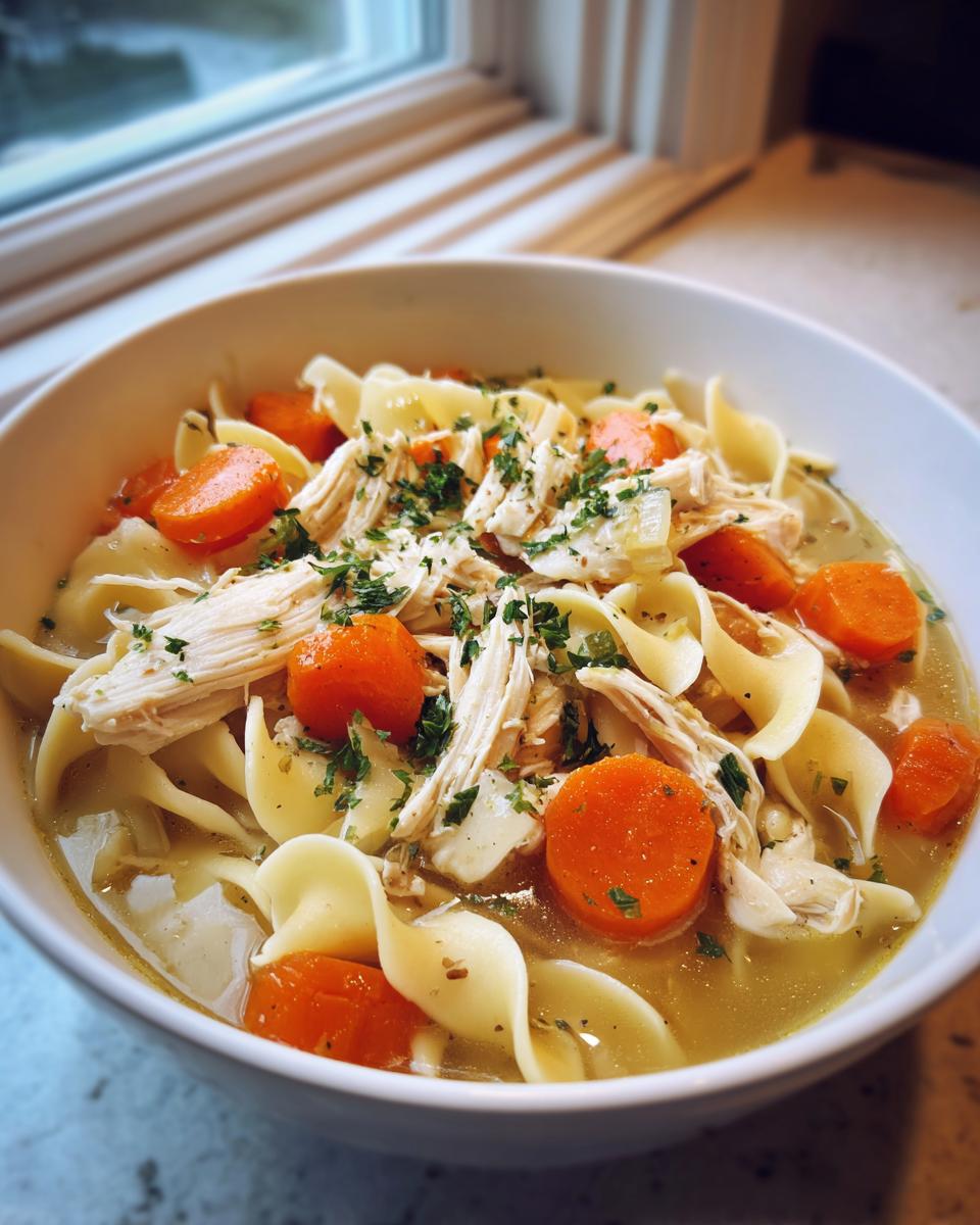 Close-up of a white bowl filled with slow cooker chicken noodle soup, featuring shredded chicken, egg noodles, and bright orange carrots.