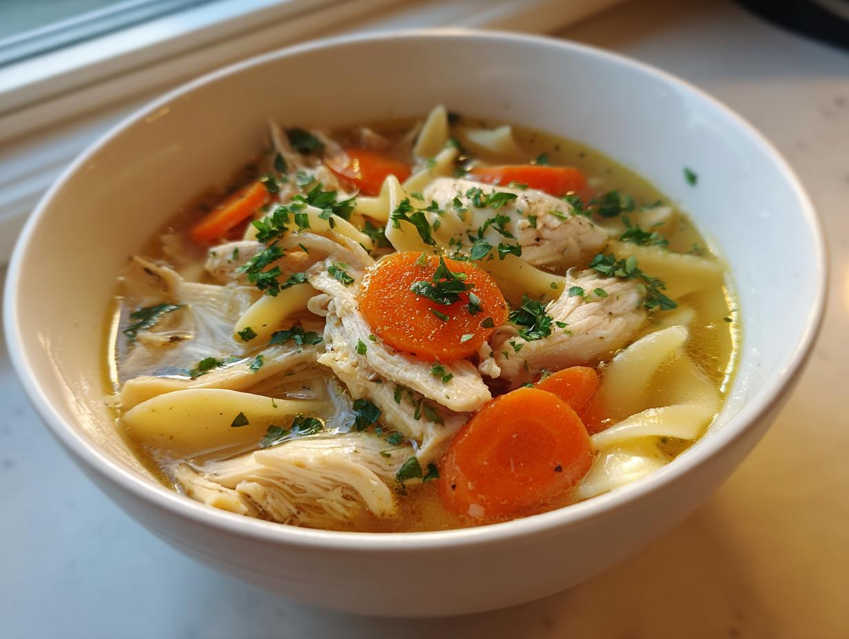 Close-up of a white bowl filled with savory slow cooker chicken noodle soup, featuring shredded chicken, egg noodles, and bright orange carrots.