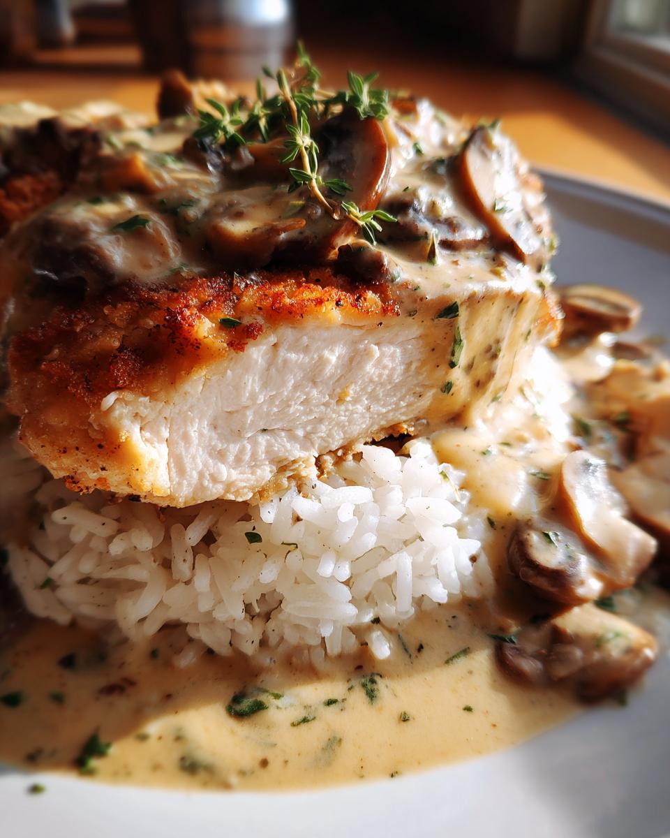 A cross-section view of breaded smothered chicken and rice topped with creamy mushroom gravy and fresh thyme.