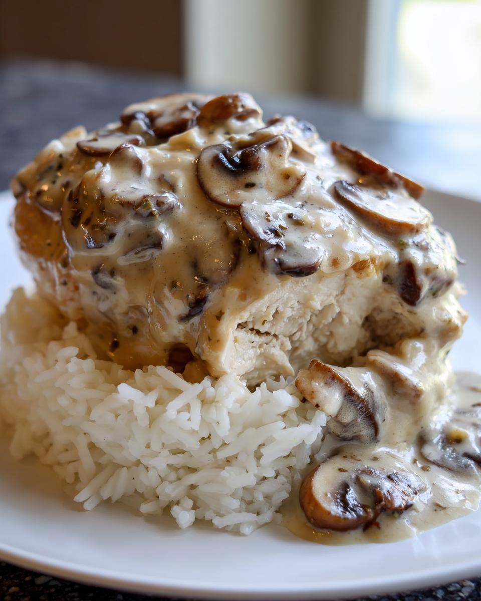 A piece of smothered chicken and rice topped generously with creamy mushroom gravy.