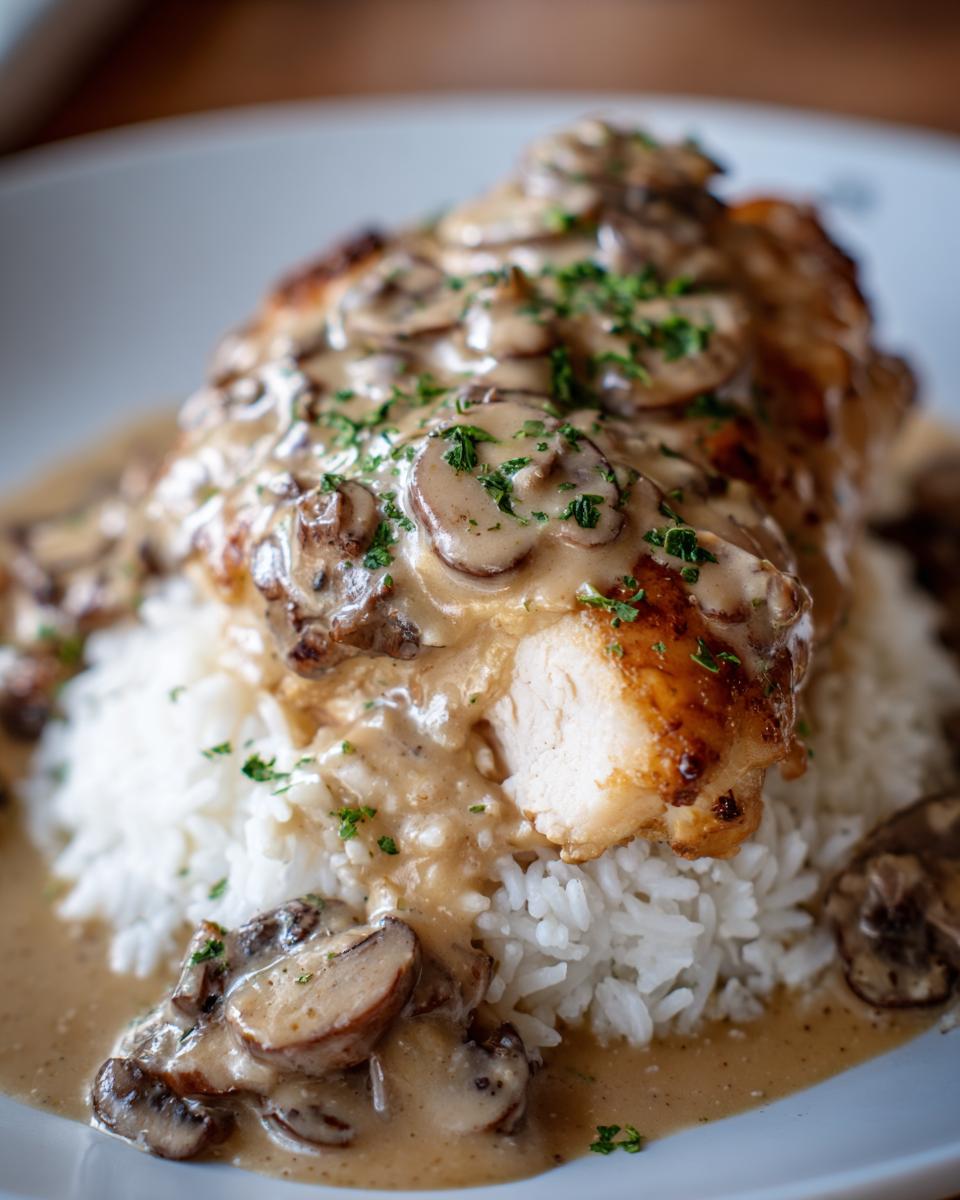 A close-up of smothered chicken and rice, featuring a seared chicken breast topped with creamy mushroom gravy and parsley.