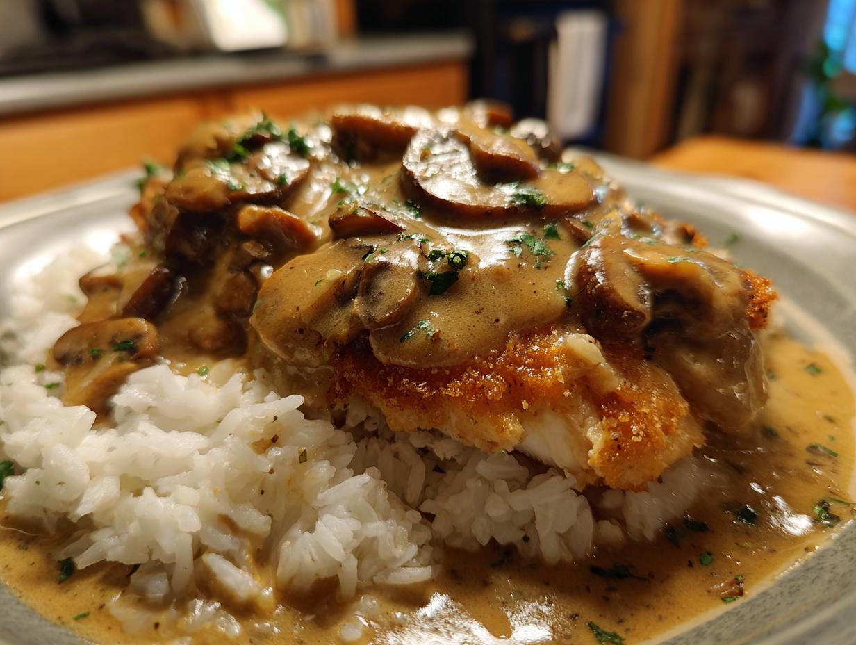A close-up of smothered chicken and rice featuring a breaded chicken breast topped with creamy mushroom gravy and fresh parsley.