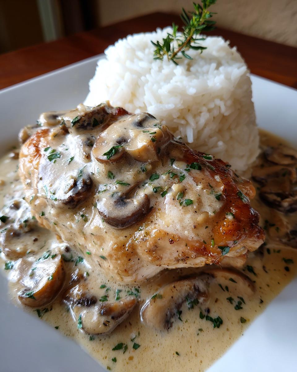 A serving of smothered chicken and rice topped with a rich, creamy mushroom sauce and garnished with thyme.