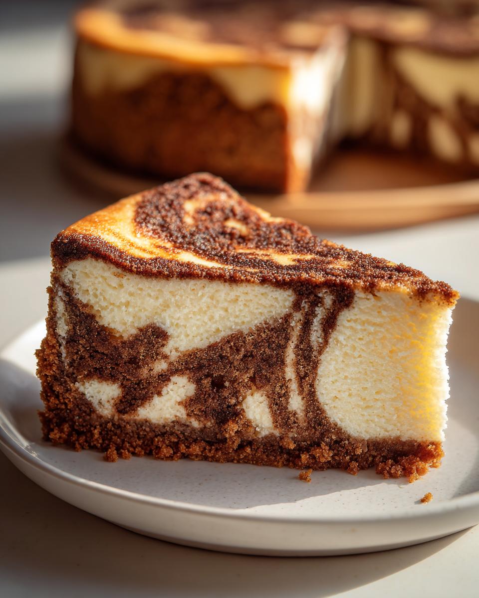A close-up slice of marbled snickerdoodle cheesecake with a thick crust, sitting on a white plate.