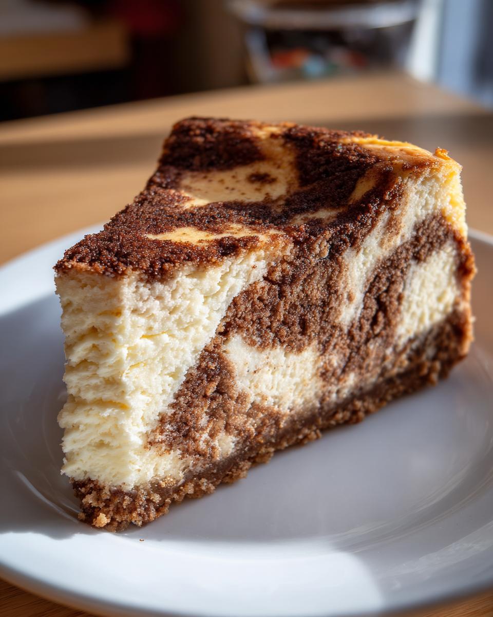 A close-up of a rich slice of snickerdoodle cheesecake showing a marbled swirl of cream cheese and cinnamon topping.