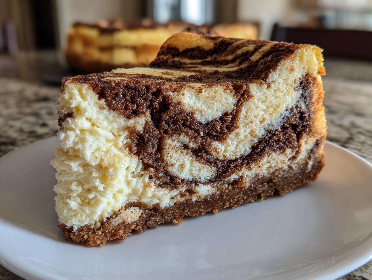 Close-up of a rich slice of snickerdoodle cheesecake featuring a creamy white filling swirled with cinnamon-sugar mixture.