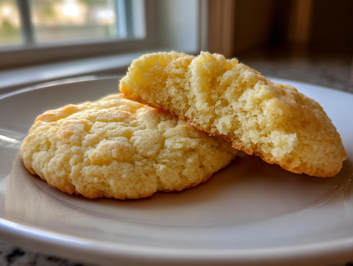 Close-up of a soft, fluffy sugar cookie, broken in half to show the crumb texture.