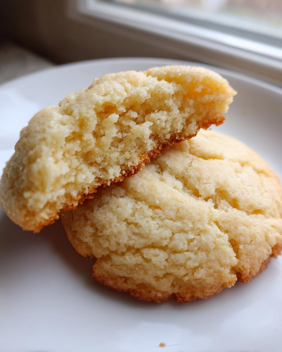 Close-up of a soft, chewy sugar cookie broken in half showing its crumb texture.