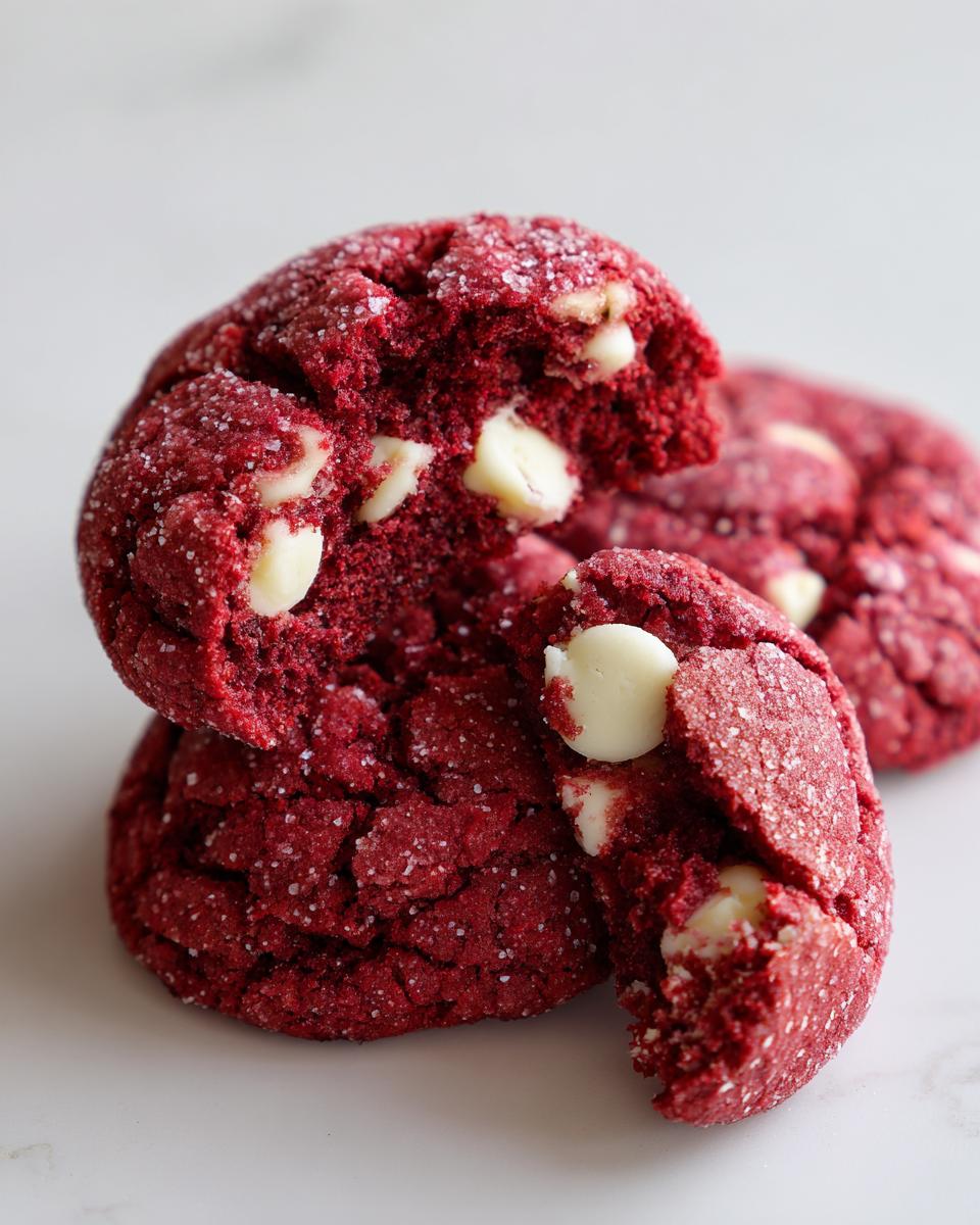 Close-up of a broken red velvet cookies revealing a soft interior and white chocolate chips, dusted with sugar.
