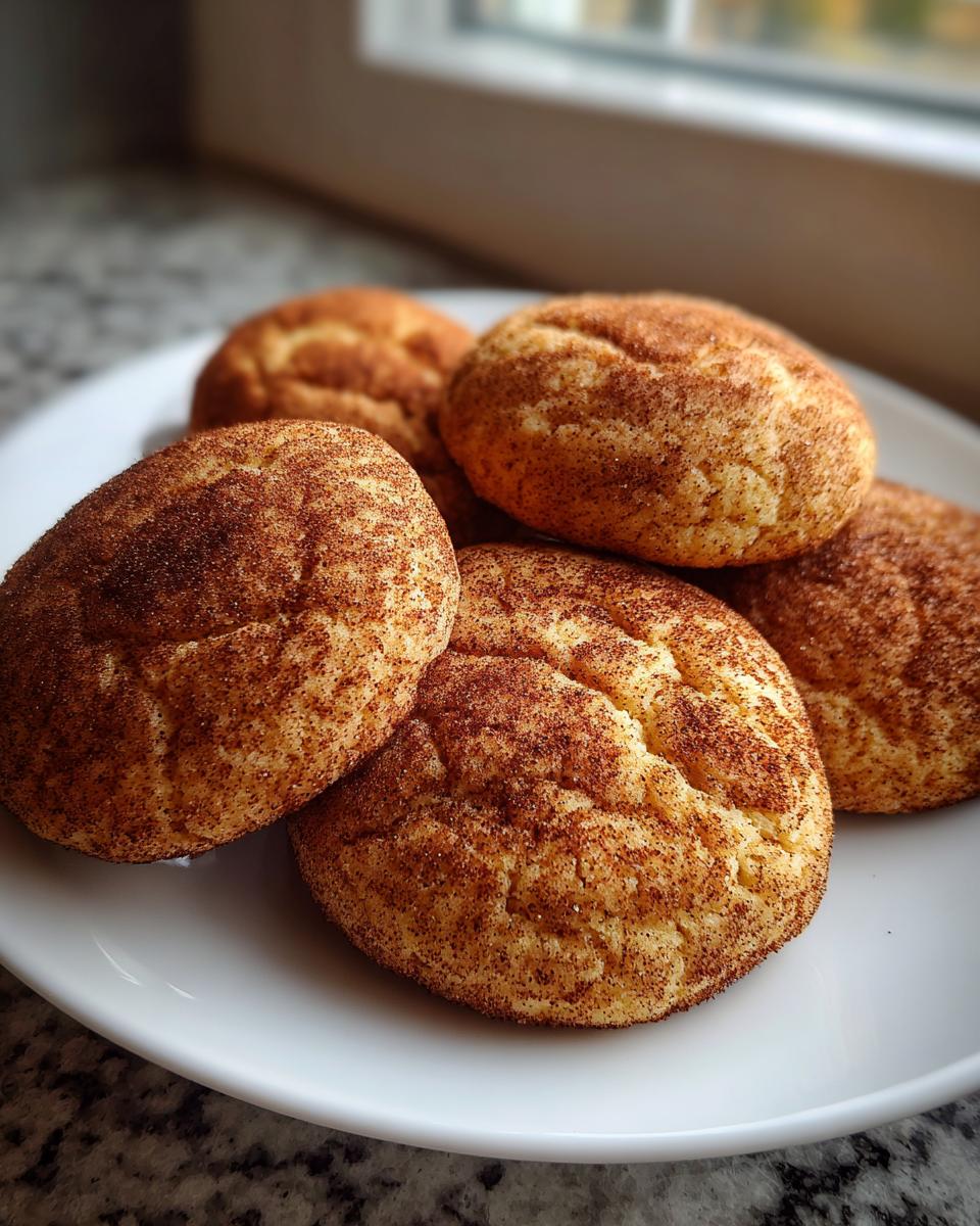 A close-up of several soft snickerdoodle cookies generously coated in cinnamon sugar, resting on a white plate.
