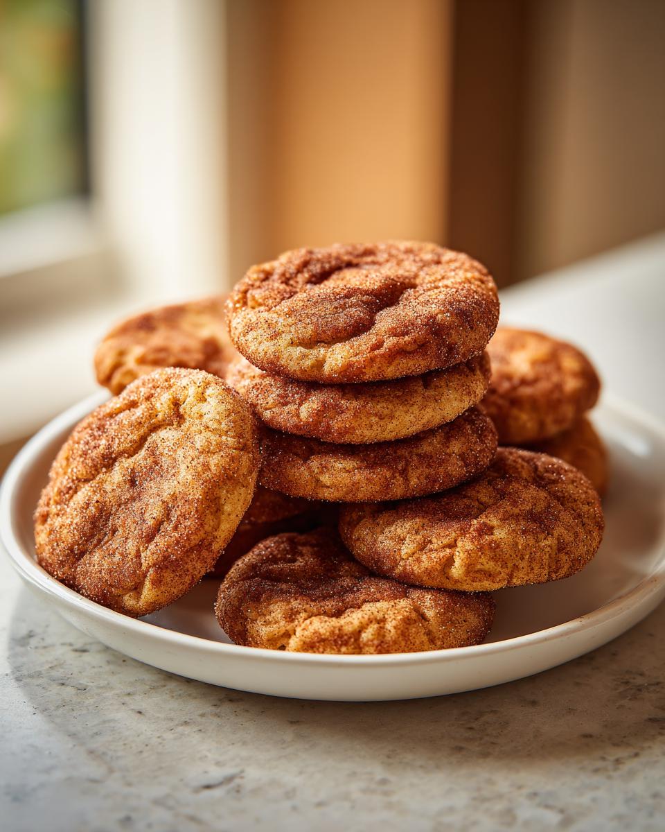 A stack of freshly baked, soft snickerdoodle cookies coated in cinnamon sugar on a white plate.