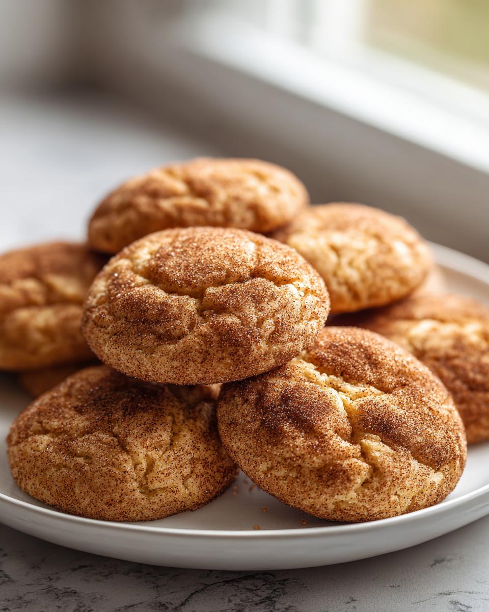 A close-up stack of freshly baked, soft snickerdoodle cookies coated heavily in cinnamon sugar.