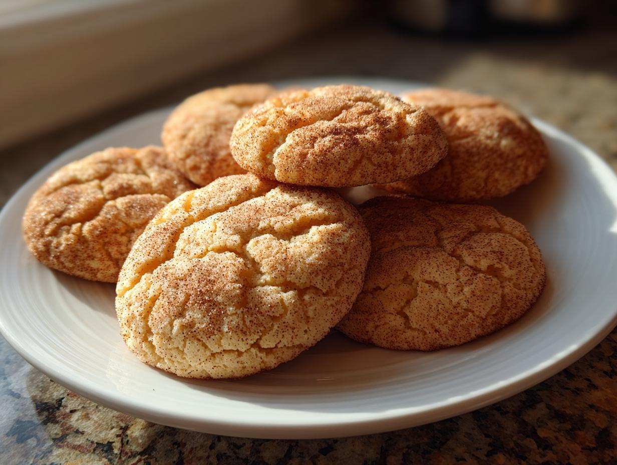 A stack of freshly baked, soft snickerdoodle cookies coated in cinnamon sugar resting on a white plate.