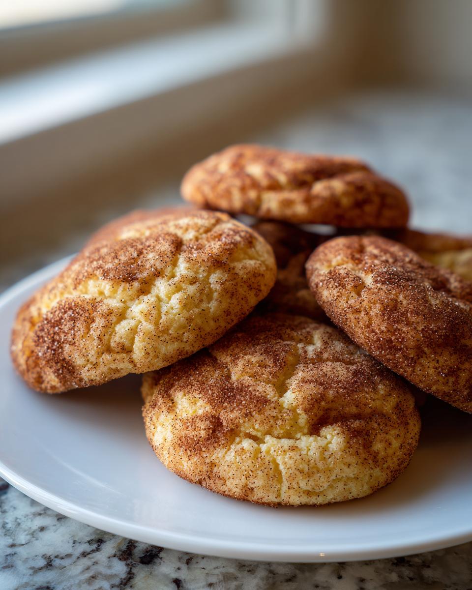 A close-up stack of soft, chewy snickerdoodle cookies generously coated in cinnamon sugar.