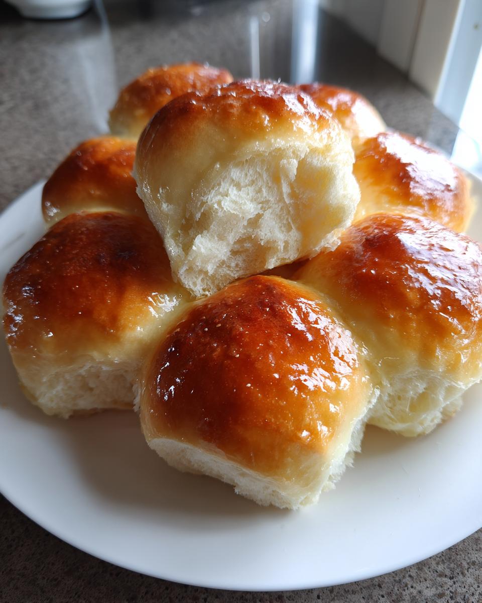 A stack of six incredibly soft sourdough discard rolls with a shiny, golden-brown glaze on a white plate.