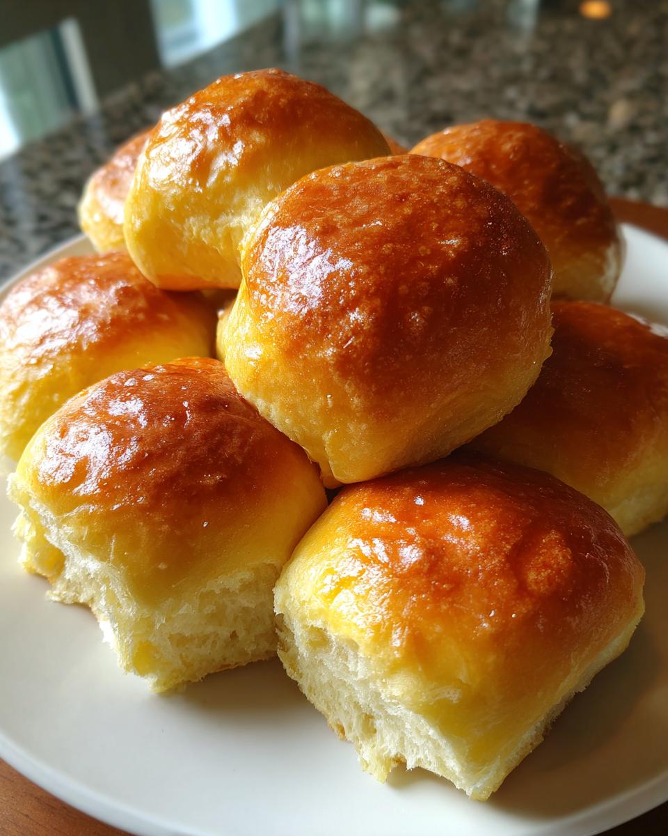 A pile of golden brown, shiny sourdough discard rolls stacked on a white plate, showing soft interior texture.