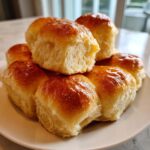 A stack of golden brown, shiny sourdough discard rolls with a soft, fluffy interior visible.