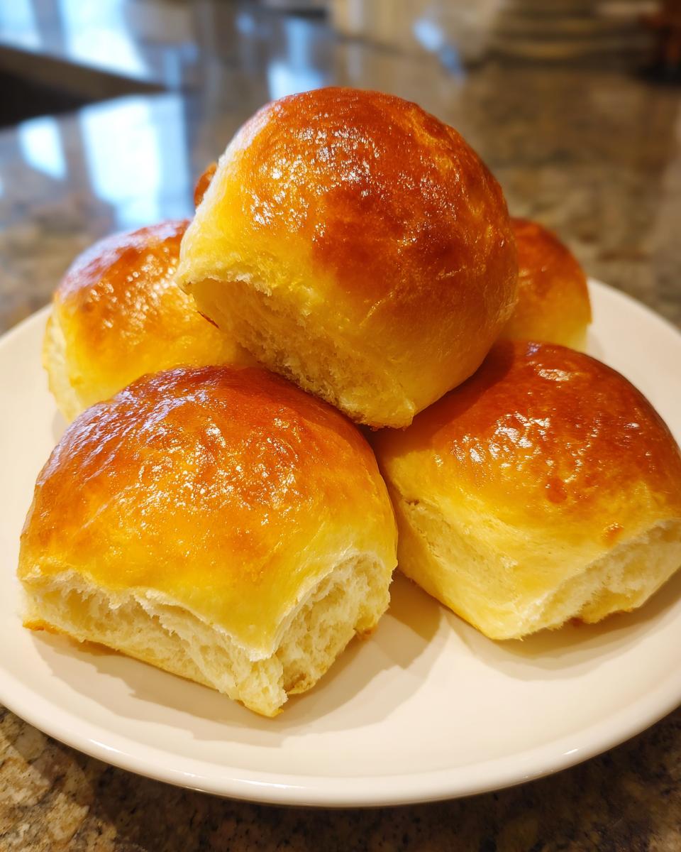 A stack of five golden brown, shiny sourdough discard rolls piled on a white plate.