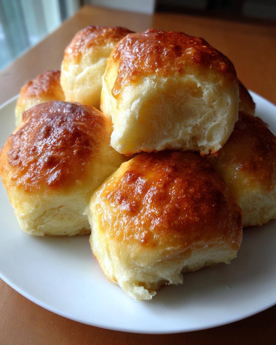 A stack of golden-brown, soft sourdough discard rolls with a shiny glaze resting on a white plate.