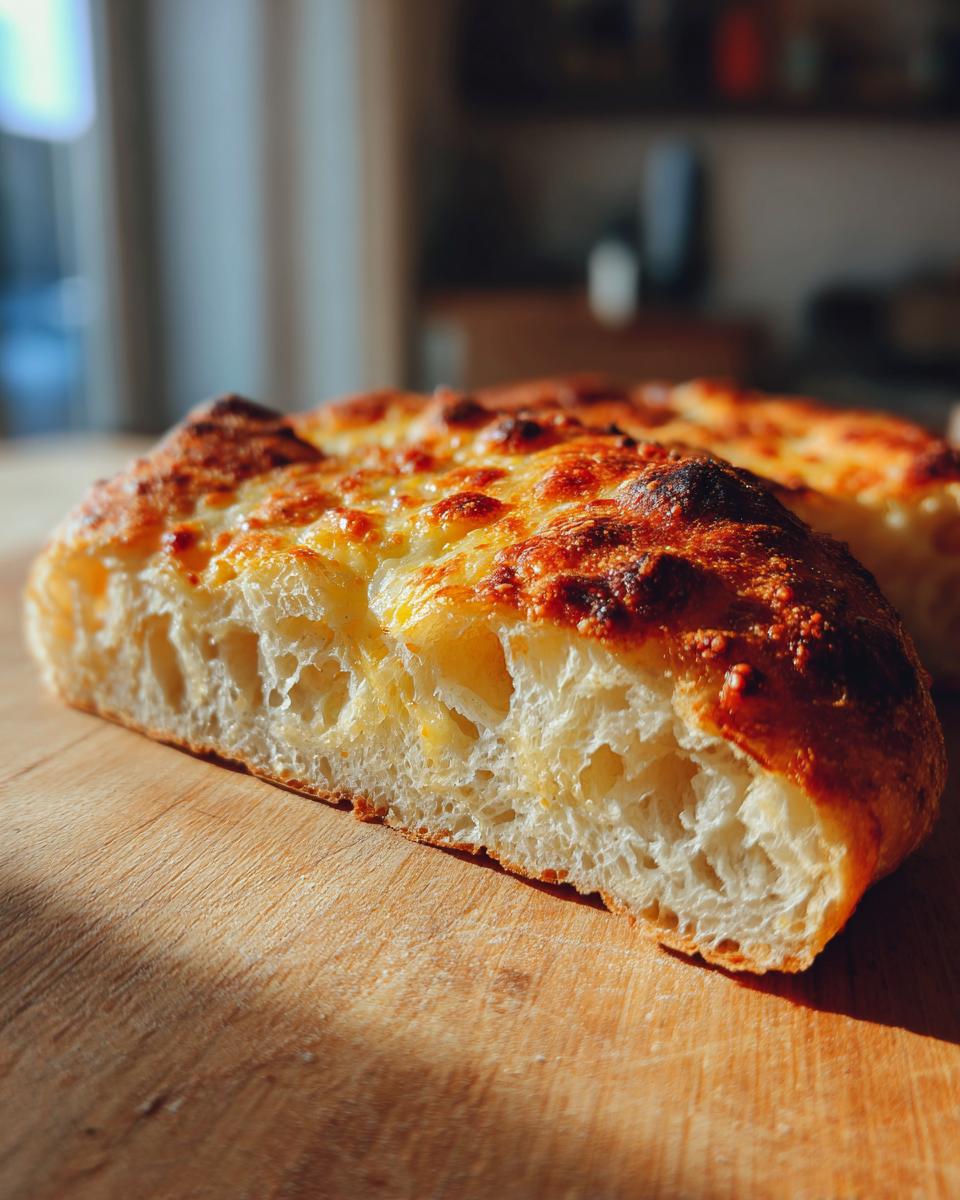 Cross-section showing the airy, open crumb structure of sourdough discard pizza dough baked with a cheesy topping.
