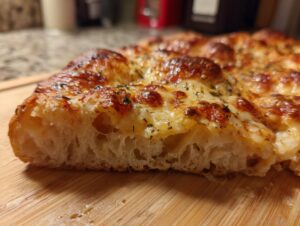 Close-up cross-section showing the airy, open crumb structure of sourdough discard pizza dough topped with melted, browned cheese.