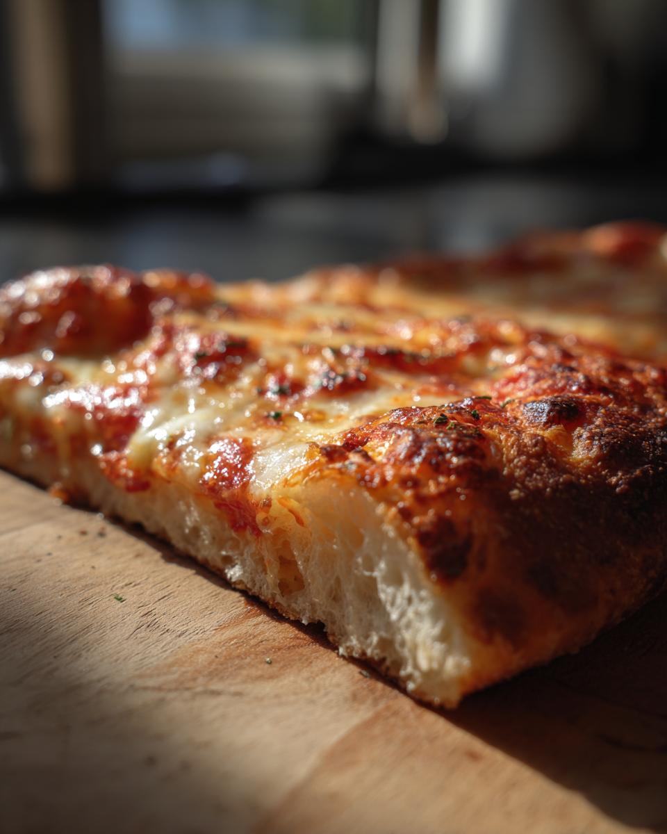 A close-up, side view of a slice of baked pizza showing the airy crumb structure of the sourdough discard pizza dough.