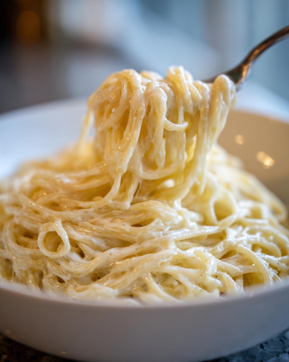 Close-up of spaghetti being lifted from a bowl, coated thickly in creamy homemade alfredo sauce.