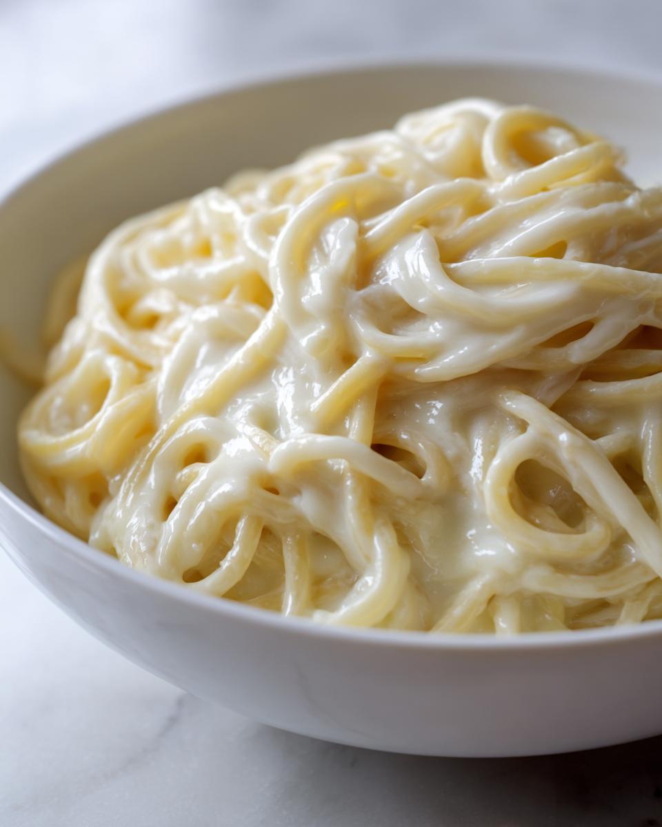 Close-up of spaghetti noodles generously coated in rich, creamy homemade alfredo sauce in a white bowl.