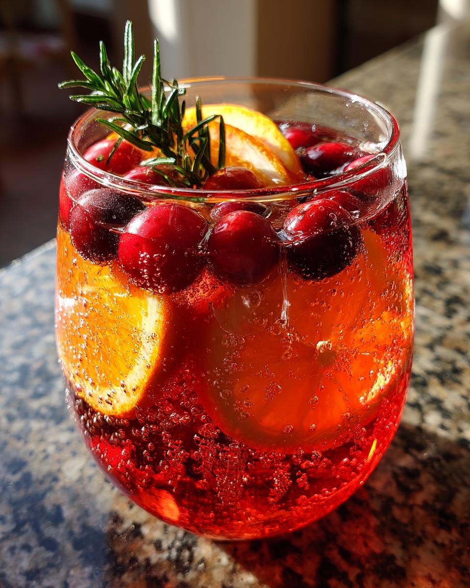 Close-up of a sparkling non-alcoholic christmas punch garnished with fresh cranberries, orange slices, and rosemary.