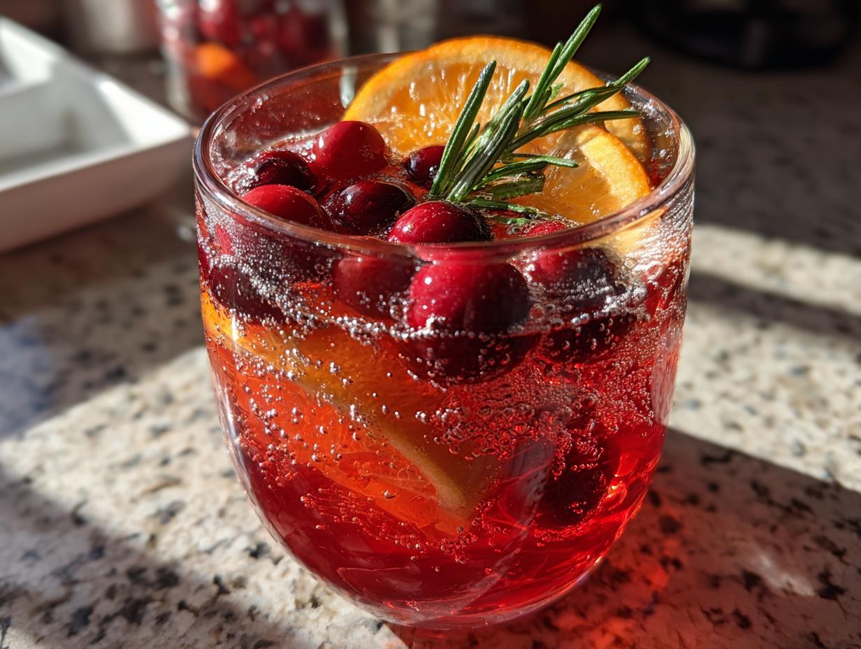 Close-up of a glass filled with sparkling red non-alcoholic christmas punch garnished with fresh cranberries, orange slices, and rosemary.