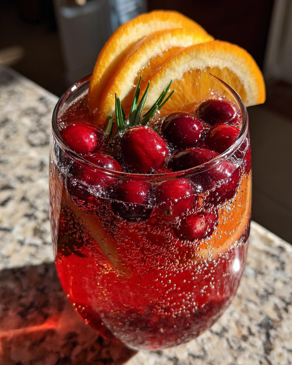 Close-up of a sparkling red non-alcoholic christmas punch garnished with fresh cranberries, orange slices, and rosemary.