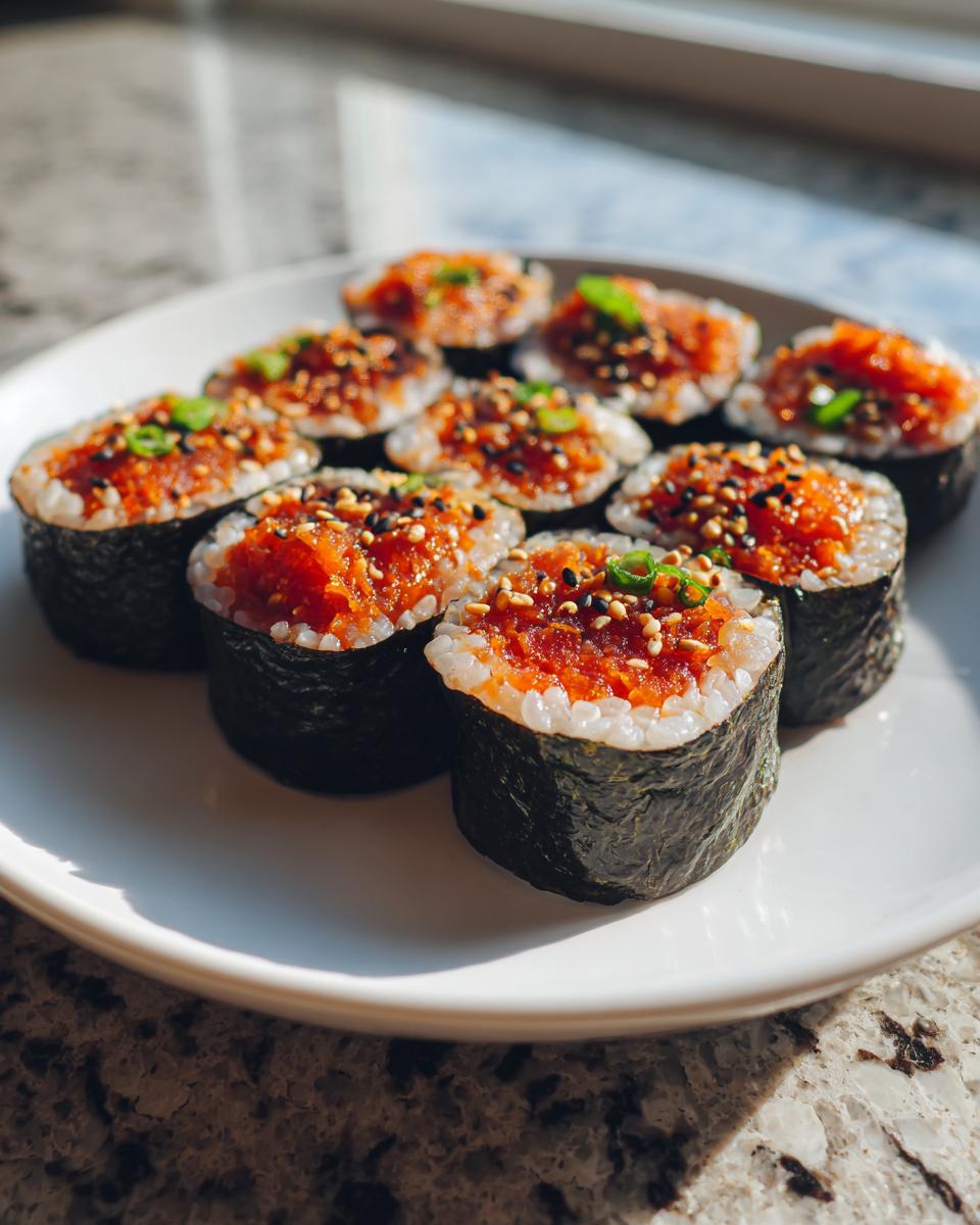 Close-up of several slices of spicy tuna kimbap, topped with sesame seeds and green onion, arranged on a white plate.
