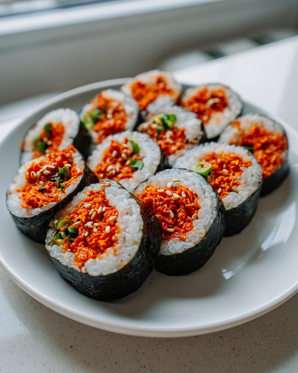 A plate featuring several slices of spicy tuna kimbap, showing the bright orange filling and sesame seed garnish.