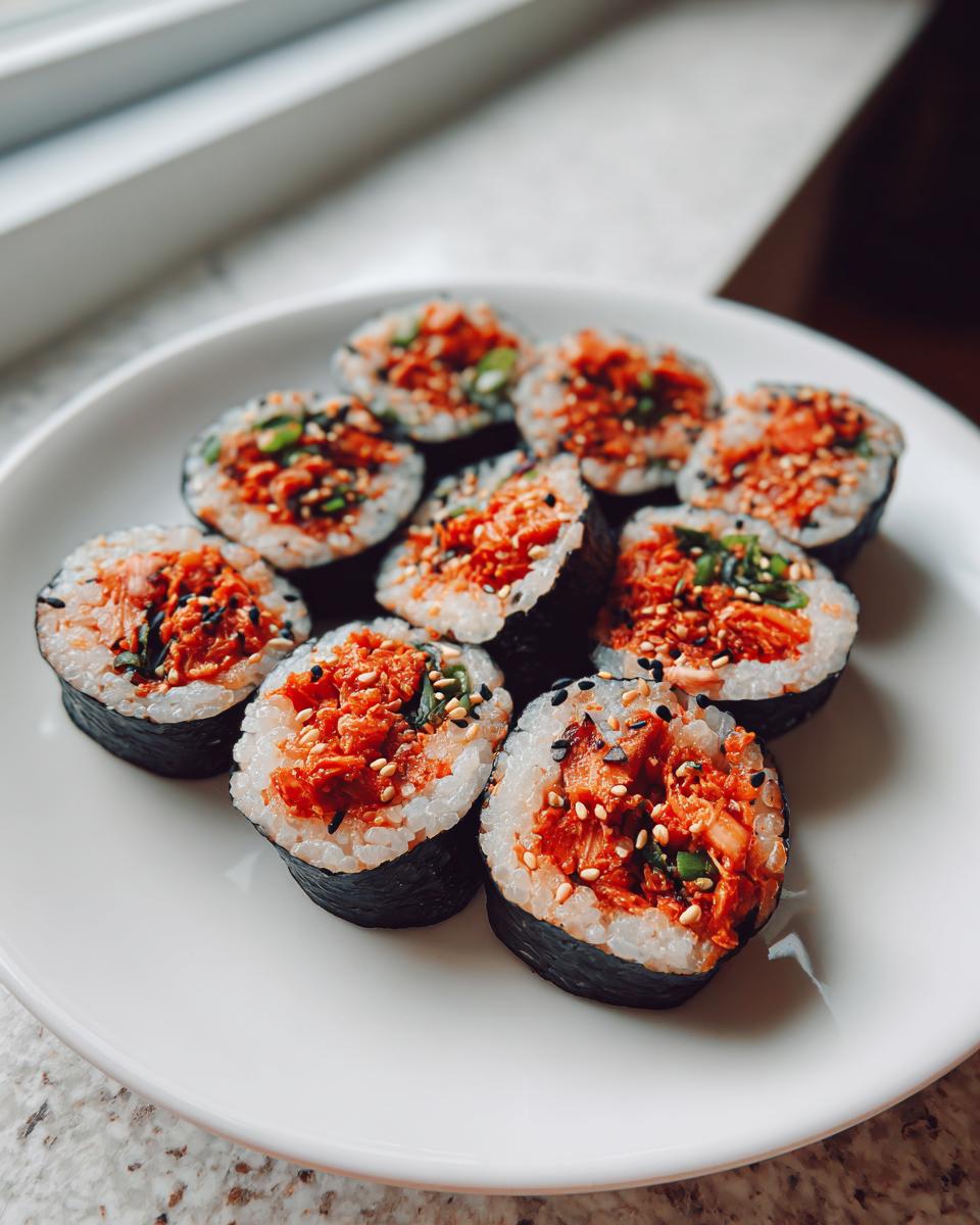 Close-up of nine slices of vibrant tuna kimbap arranged on a white plate, topped with sesame seeds.