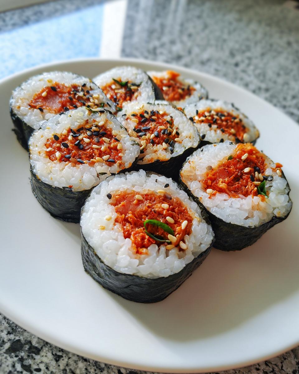 A plate of freshly cut tuna kimbap rolls filled with spicy red tuna mixture and topped with sesame seeds.