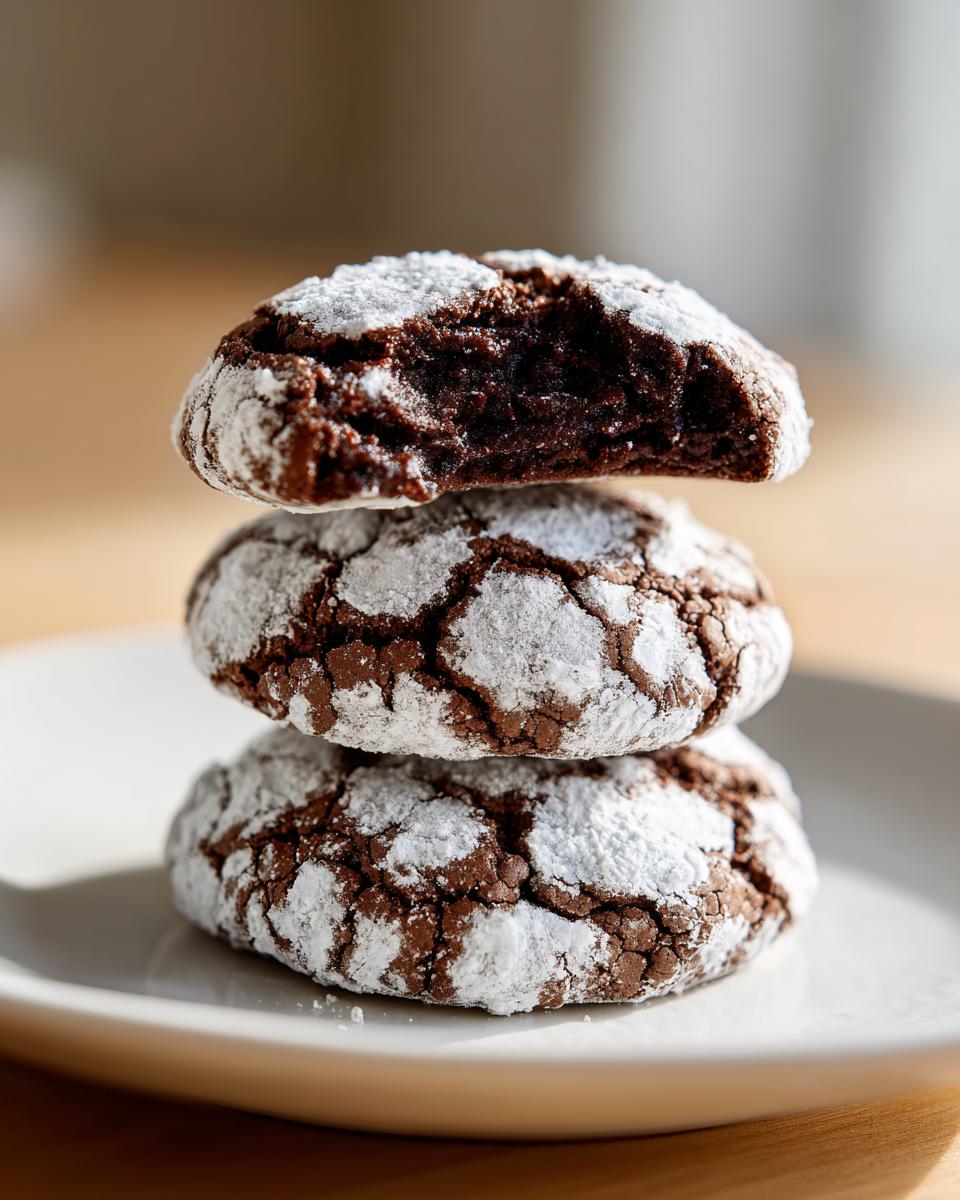 Three delicious chocolate crinkle cookies stacked on a white plate, the top one having a bite taken out showing the fudgy interior.