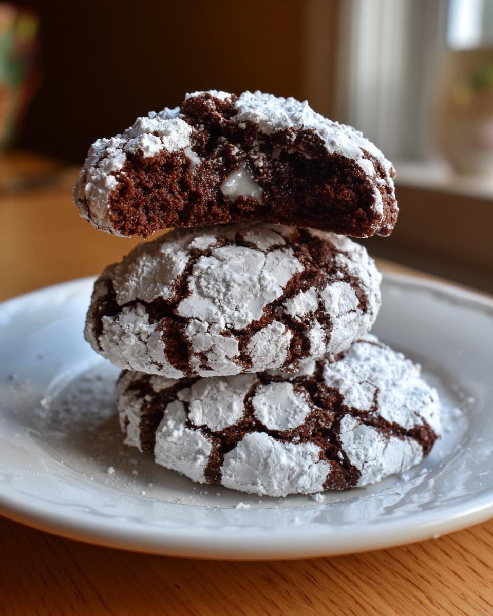 Three rich chocolate crinkle cookies stacked on a white plate, one broken open showing a soft interior.